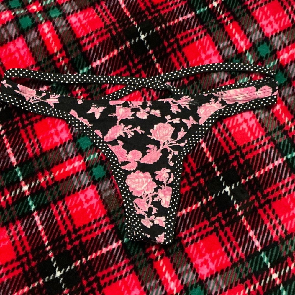Victoria's Secret Black and Pink Floral Polka Dot Thong